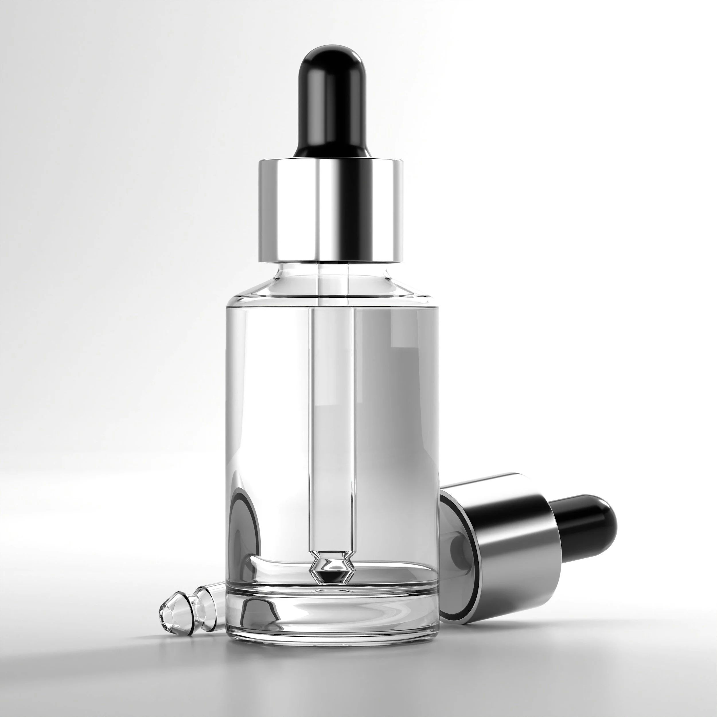 Minimalist clear glass skincare serum dropper bottle on white background, beauty product mockup for Frané Consulting beauty brand marketing.