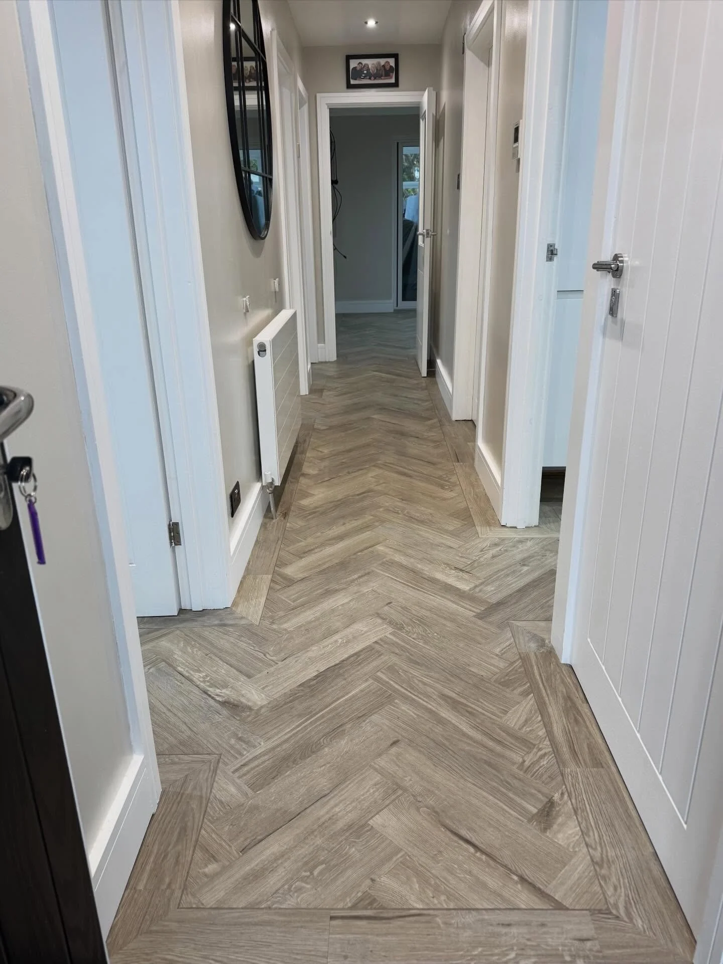 Step. By. Step.  First stage of this bungalow completed in Karndean Van Gogh Herringbone colour Aviemore Oak with a continuous border, mitred on every corner. Back next week to start on the conservatory! #lvt #herringbone #border #oak