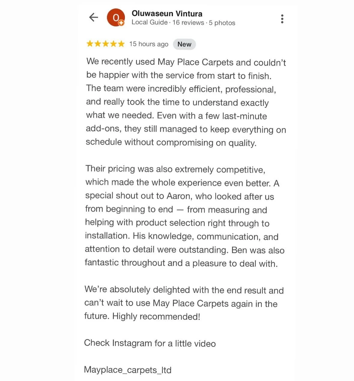 A fantastic and very much appreciated 5 ⭐️ review after the completion of last weeks big project! Thankyou 🙏