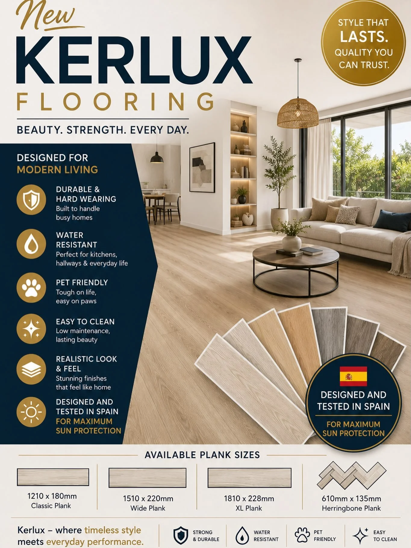 Kerlux SPC flooring. Water proof 💦 Durable 🔨 Pet friendly 🐶 Excellent sun protection ☀️. Samples on display now #kerlux #spcflooring #new
