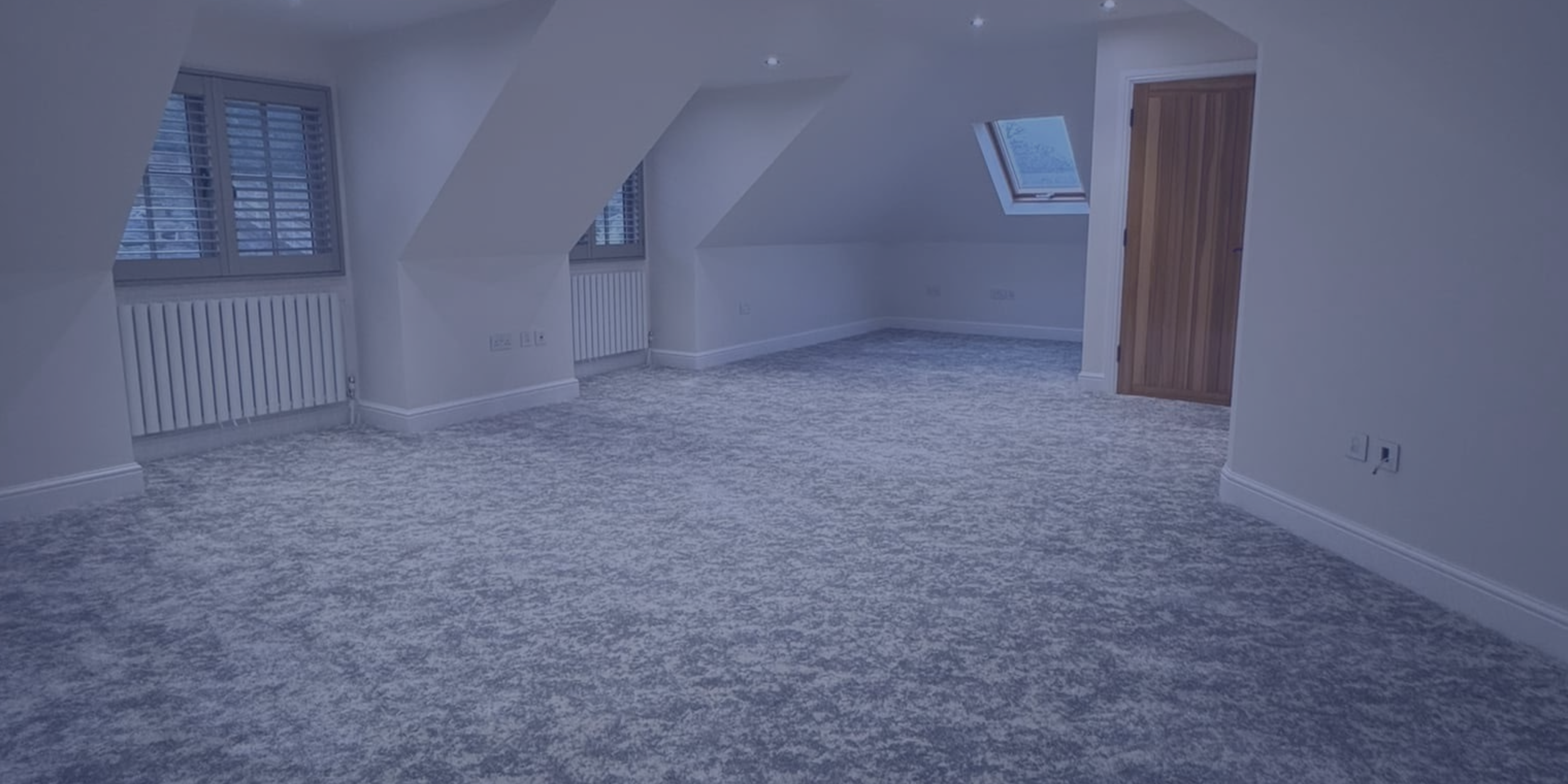 Empty attic room with blue patterned carpet, white walls, two small windows, a skylight, and a wooden door.