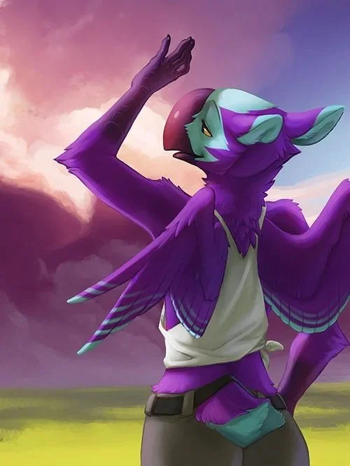 Anthropomorphic purple bird with stylish glasses, wearing a white tank top and cargo shorts, striking a confident dance pose in a colorful outdoor scene with dramatic sky.
