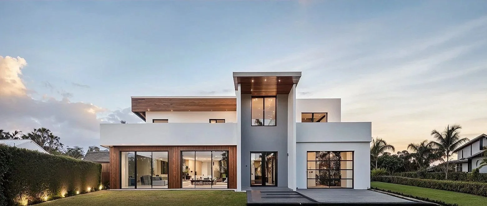 Modern two-story house with large windows, white exterior walls, wooden accents, and a well-maintained lawn at sunset.