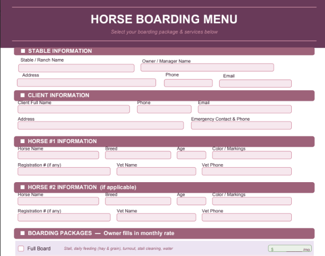 Boarding Stable Services Menu Fillable/Reusable pdf