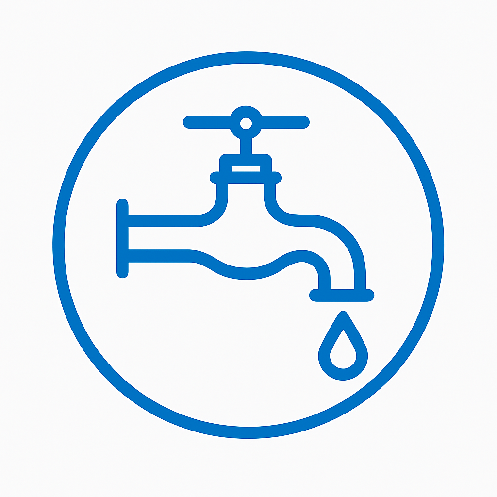 A blue line drawing of a water faucet with a water droplet below it, enclosed in a circle.