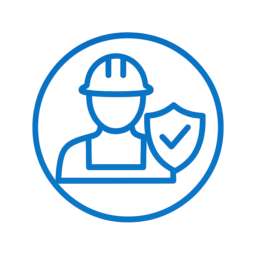 Icon of a construction worker wearing a safety helmet, holding a wrench, enclosed in a circle.