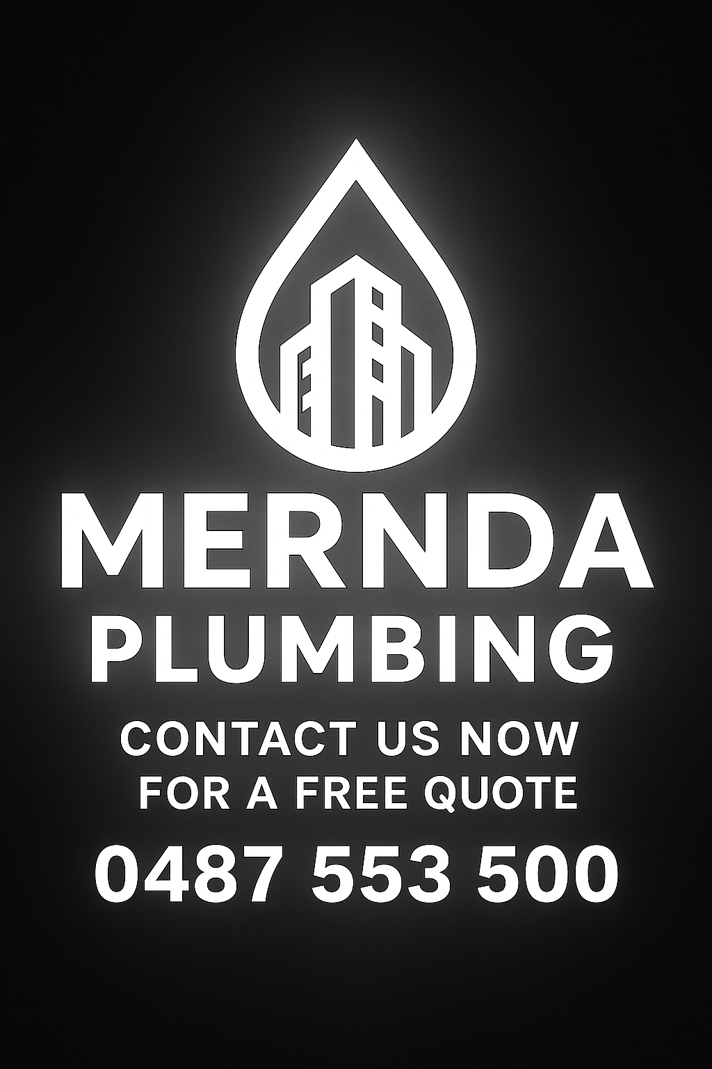 Black and white logo and contact information for Mernda Plumbing featuring a stylized pipe and building icon, with the text 'MERND A PLUMBING' and contact number 0487 553 500.