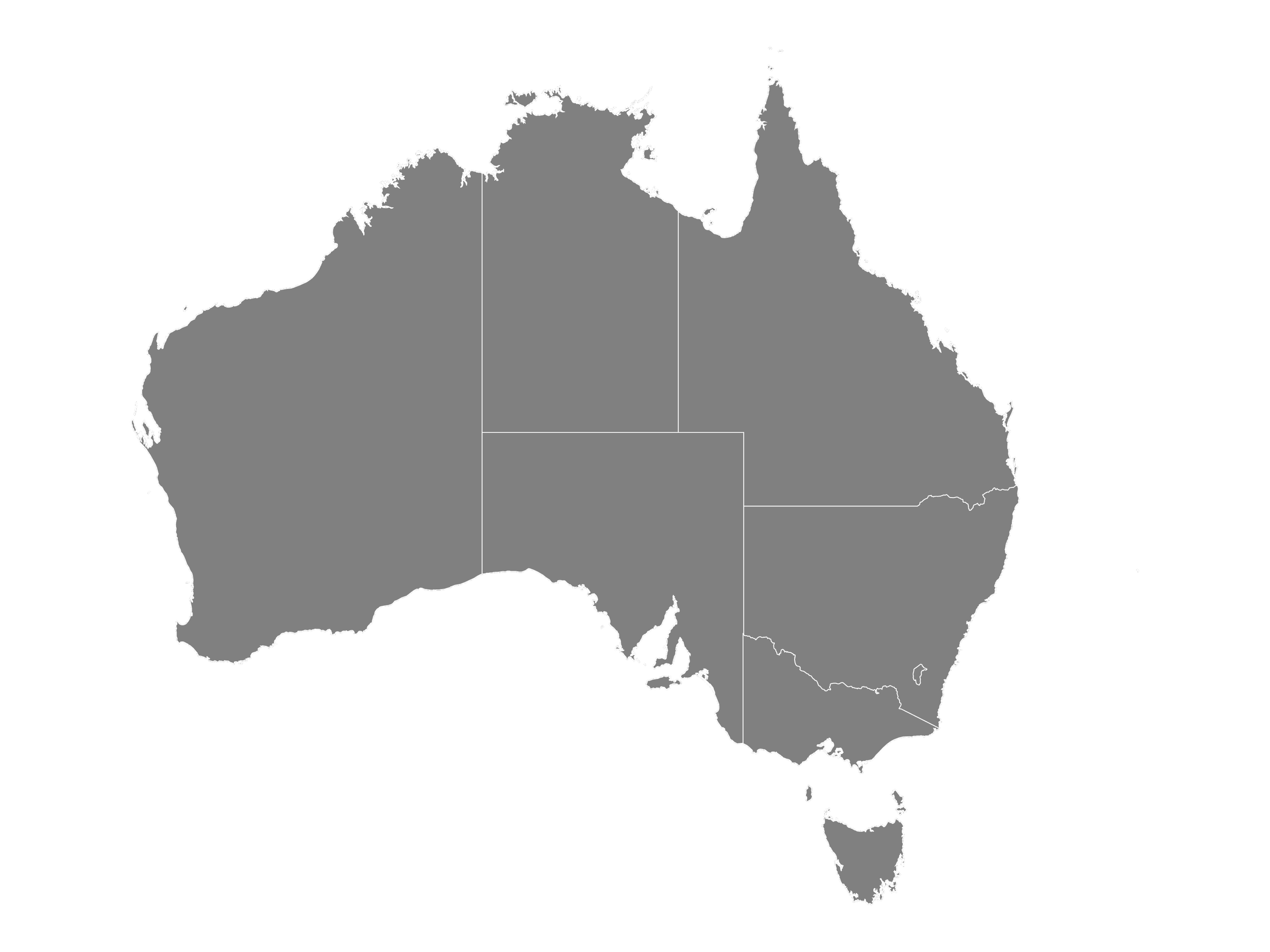 Map of Australia with state borders, colored in shades of gray, and a black background.