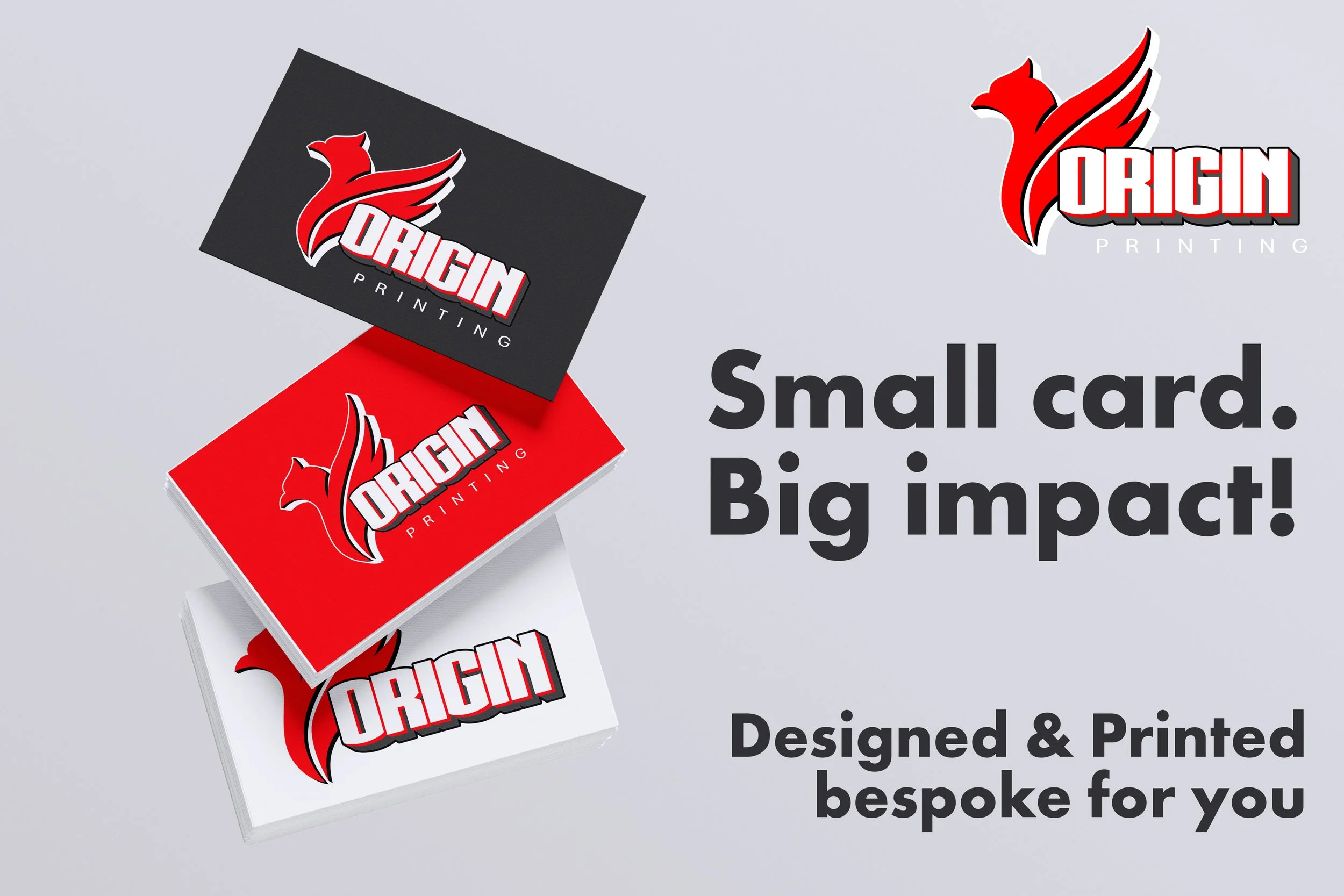 Stacked business cards with 'Origin Printing' logo in red and black, and text promoting small cards with big impact and bespoke design.