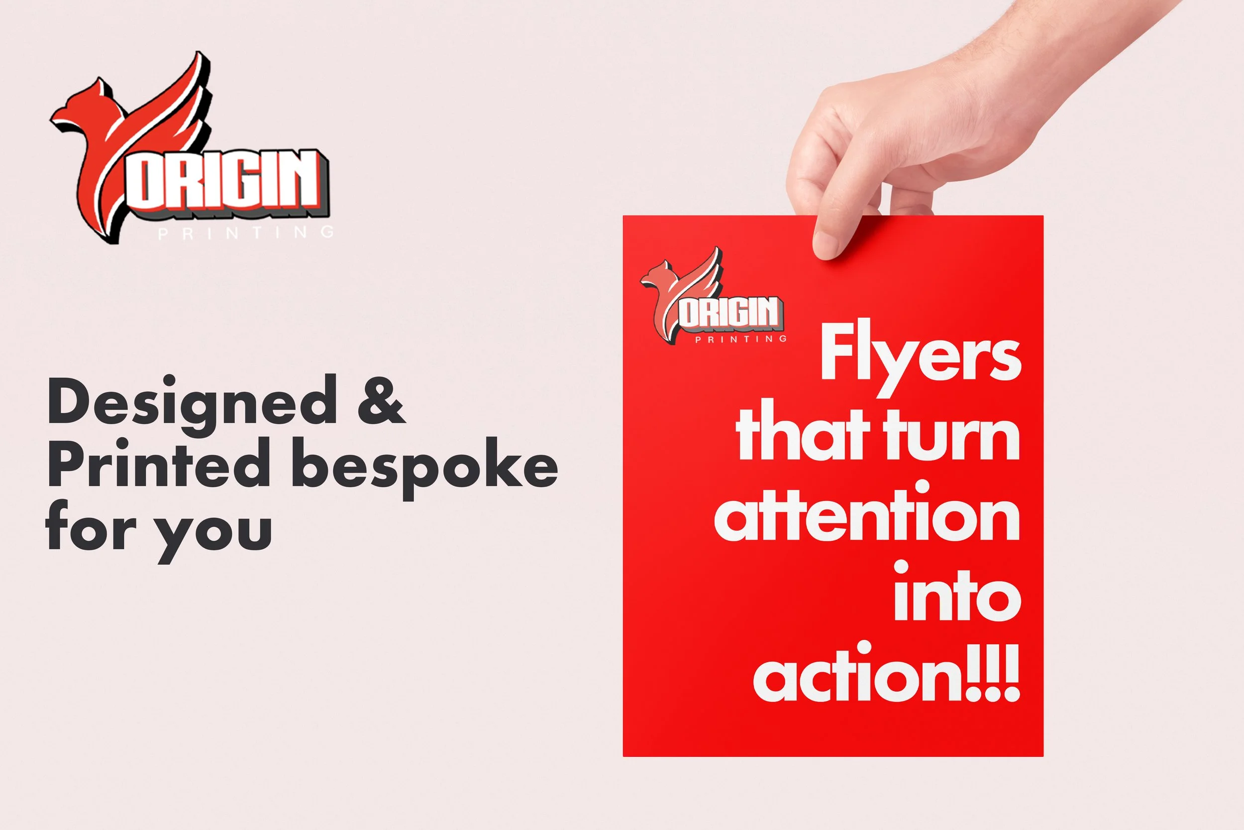 A promotional flyer by Origin Printing features a familiar cartoon-style red fox head logo. The flyer highlights that they design and print bespoke flyers to attract attention, with a red flyer being held by a hand on the right side, containing the t
