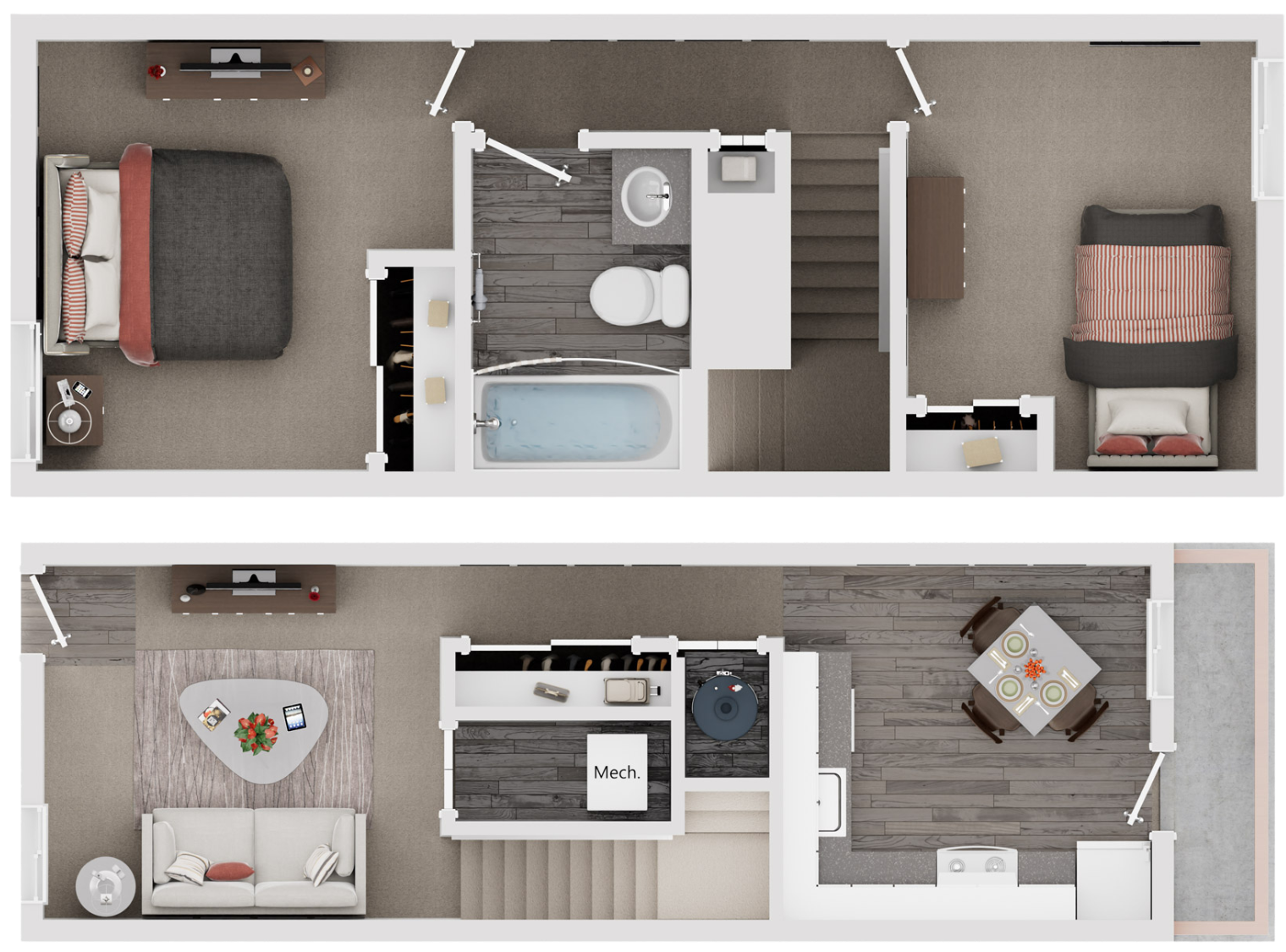 Floor plan of a two-story home, showing bedrooms, bathroom, living room, dining area, kitchen, and mechanical room with stairs connecting the floors.