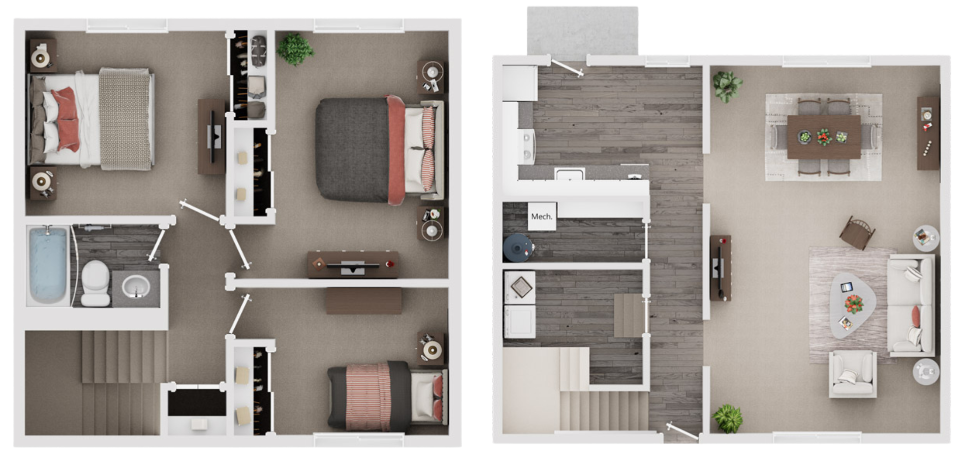 Floor plan of a house with a second floor containing bedrooms and a bathroom, and a first floor featuring a living room, dining area, kitchen, and entryway.