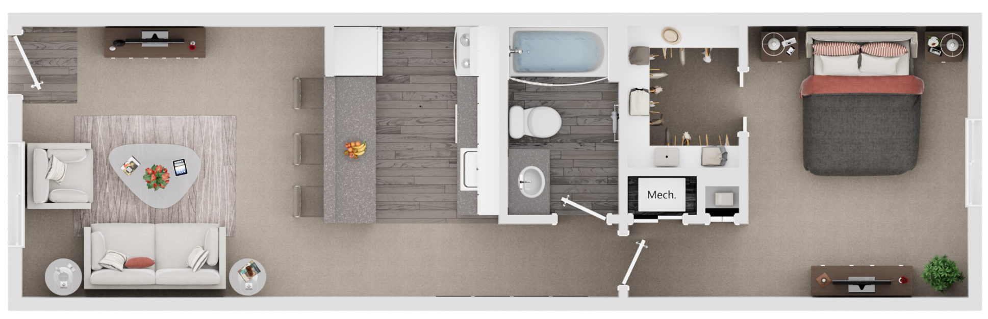 Top-down view of a modern apartment with an open living room, kitchen, bathroom, small office, and bedroom.