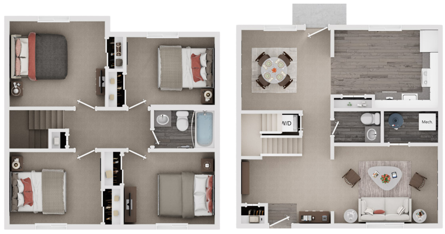 Top-down view of a two-story house floor plan showing bedrooms, bathrooms, dining area, kitchen, living room, and staircase.