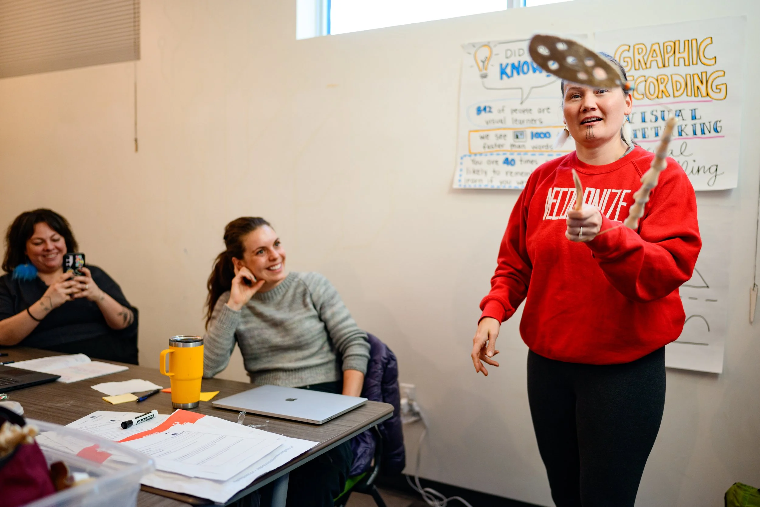 A woman wearing a red sweatshirt with the word 'Resilience' stands in front of a whiteboard, holding a fan with holes. Two women are seated at a table, smiling and taking photos. The table has papers and laptops, and a colorful poster with notes is on the wall behind.