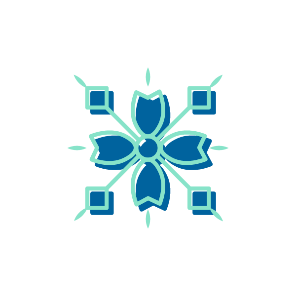 A symmetrical snowflake with a floral pattern in shades of blue and teal.