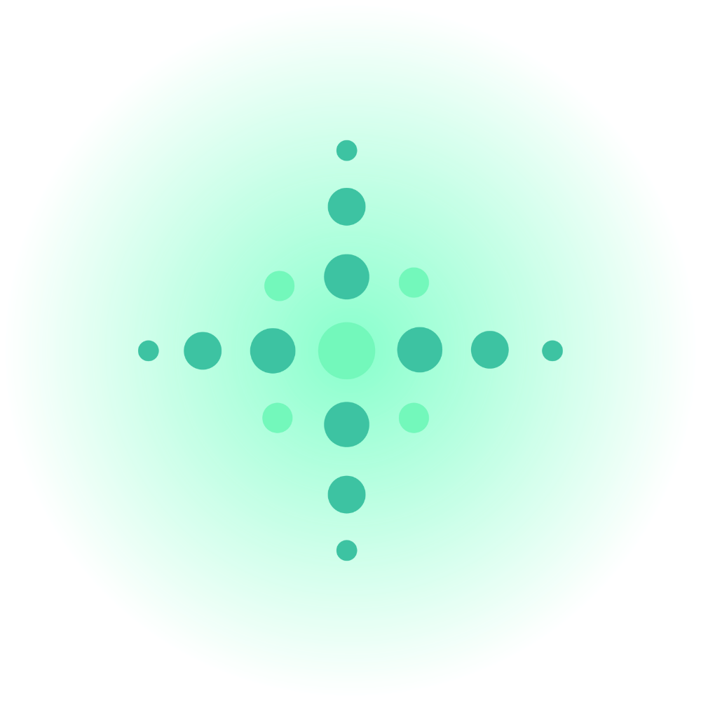Abstract digital artwork featuring a greenish circular pattern with dots radiating like a star, set against a cyan background.