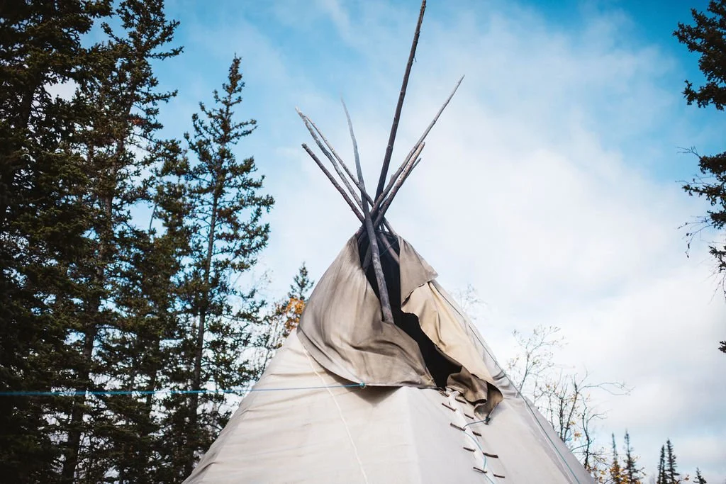 A traditional teepee tent made of animal hide and wooden poles, set outdoors among tall pine trees on a partly cloudy day.
