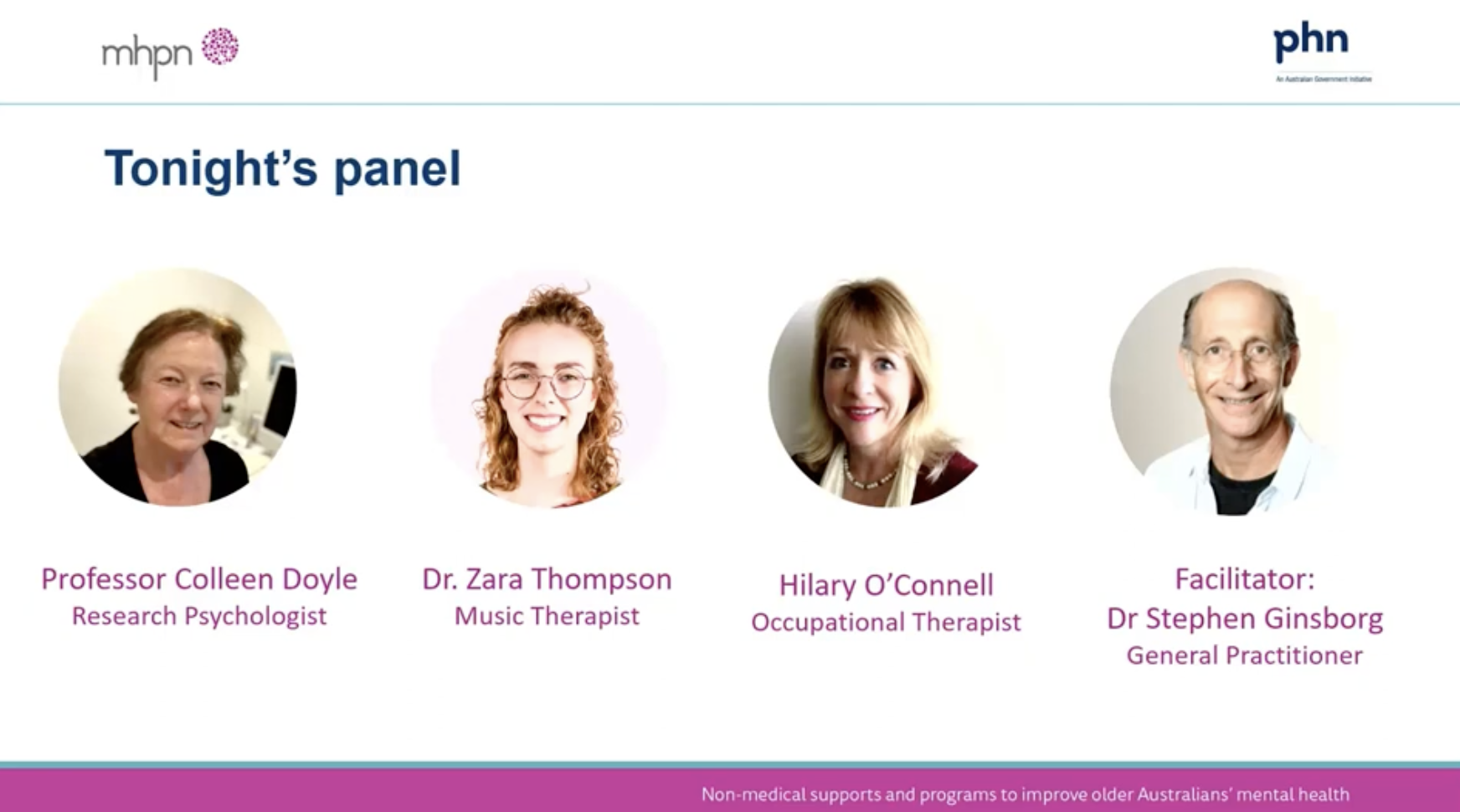 Panellists for the webinar 'non-medical supports and programs to improve older Australian's mental health