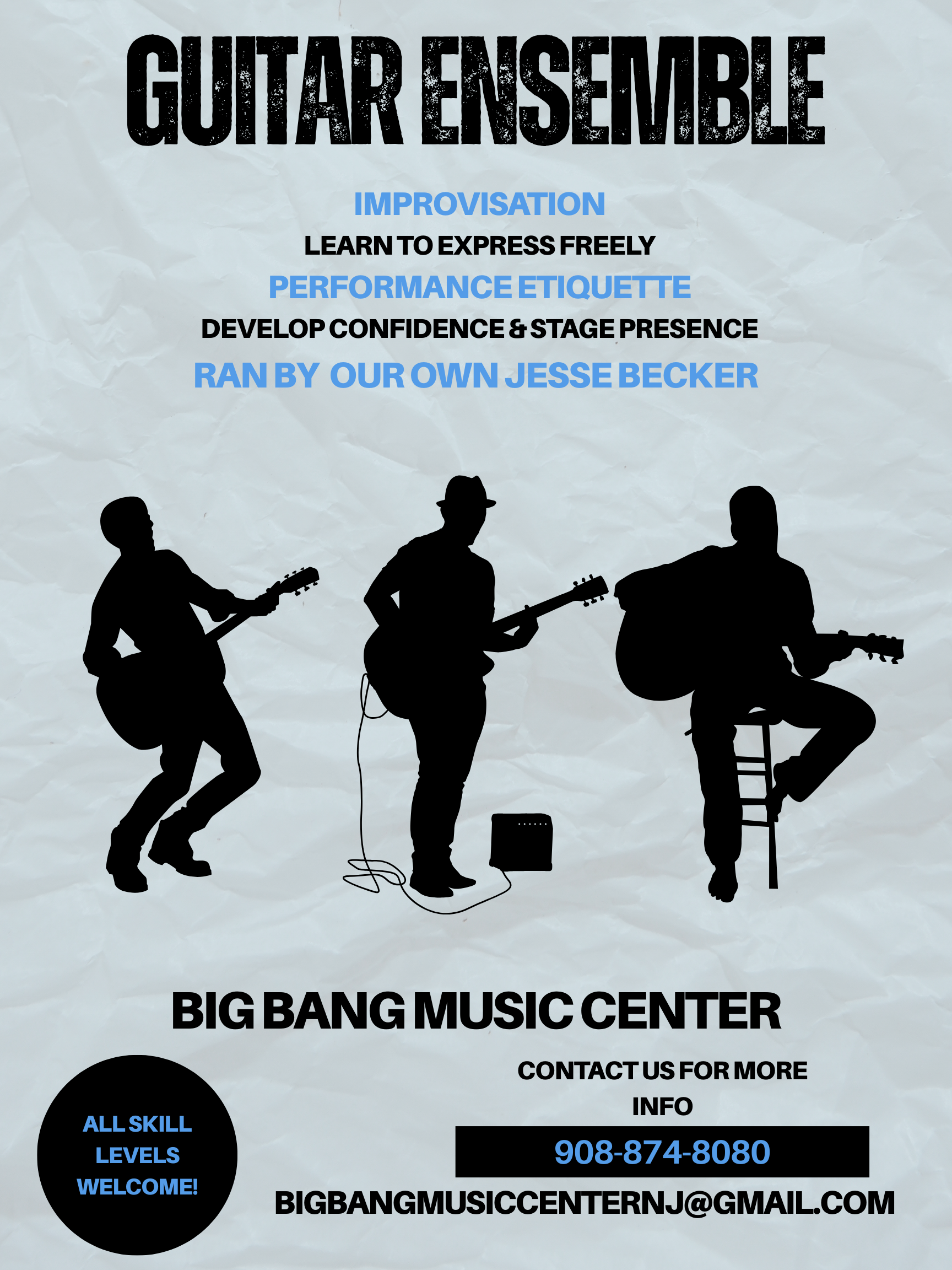 A flyer for a guitar ensemble workshop featuring silhouettes of three people playing guitars, with text about improvisation, performance etiquette, confidence, and stage presence. The flyer includes contact information, a phone number, and an email address, and mentions that all skill levels are welcome.