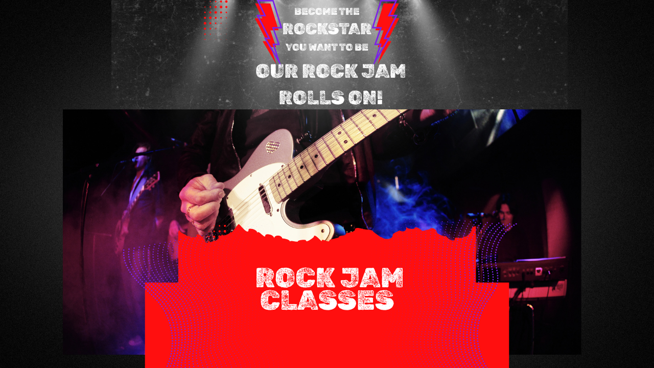 A promotional image for rock band classes featuring a guitarist playing an electric guitar on stage with a keyboard in the background. The top text reads 'Become the Rockstar You Want to Be Our Rock Jam Rolls On!' and the lower text says 'Rock Jam Classes'.