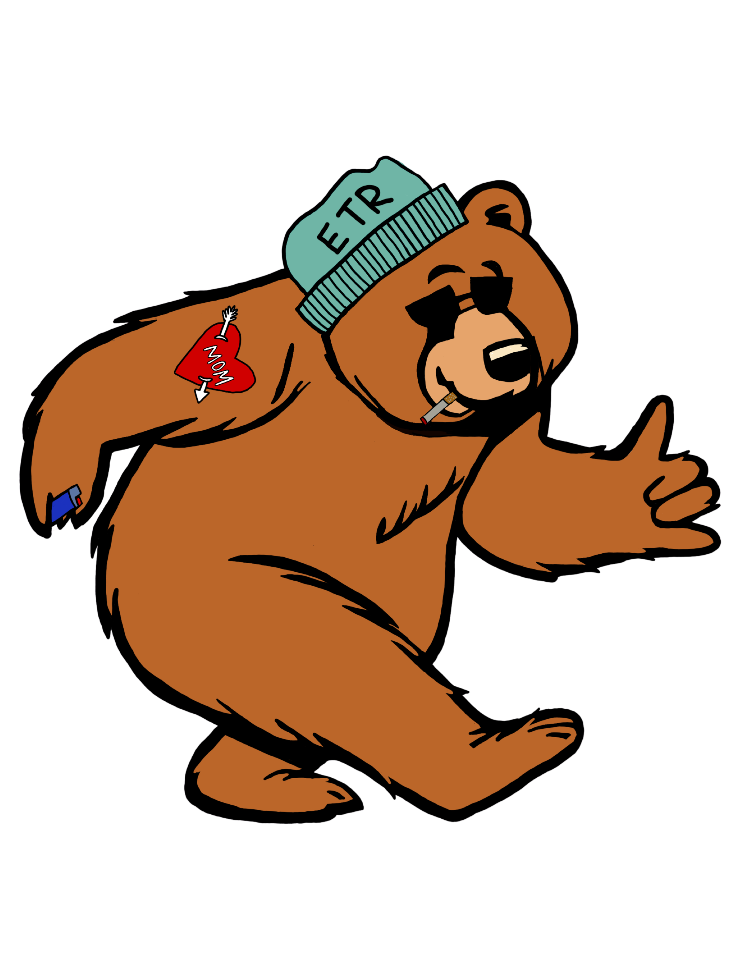 Cartoon bear wearing a blue hat labeled 'ETR', with sunglasses, smoking a cigarette, and giving a shaka. The bear has a heart tattoo with an arrow and the word 'Mom' on its arm.
