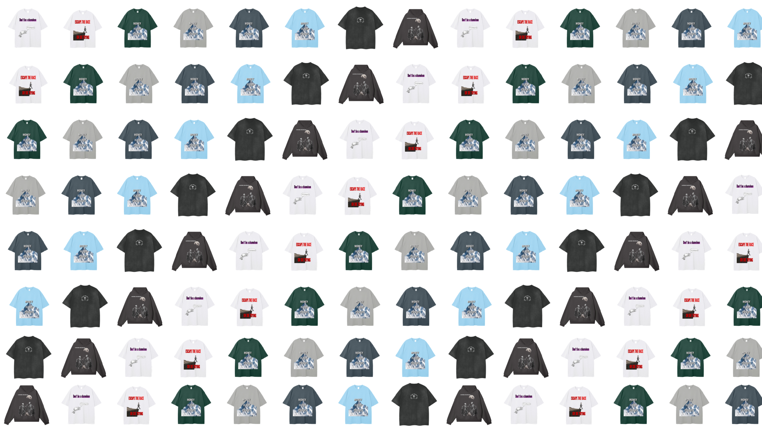 A collage of various t-shirts with different designs and slogans on a display rack.