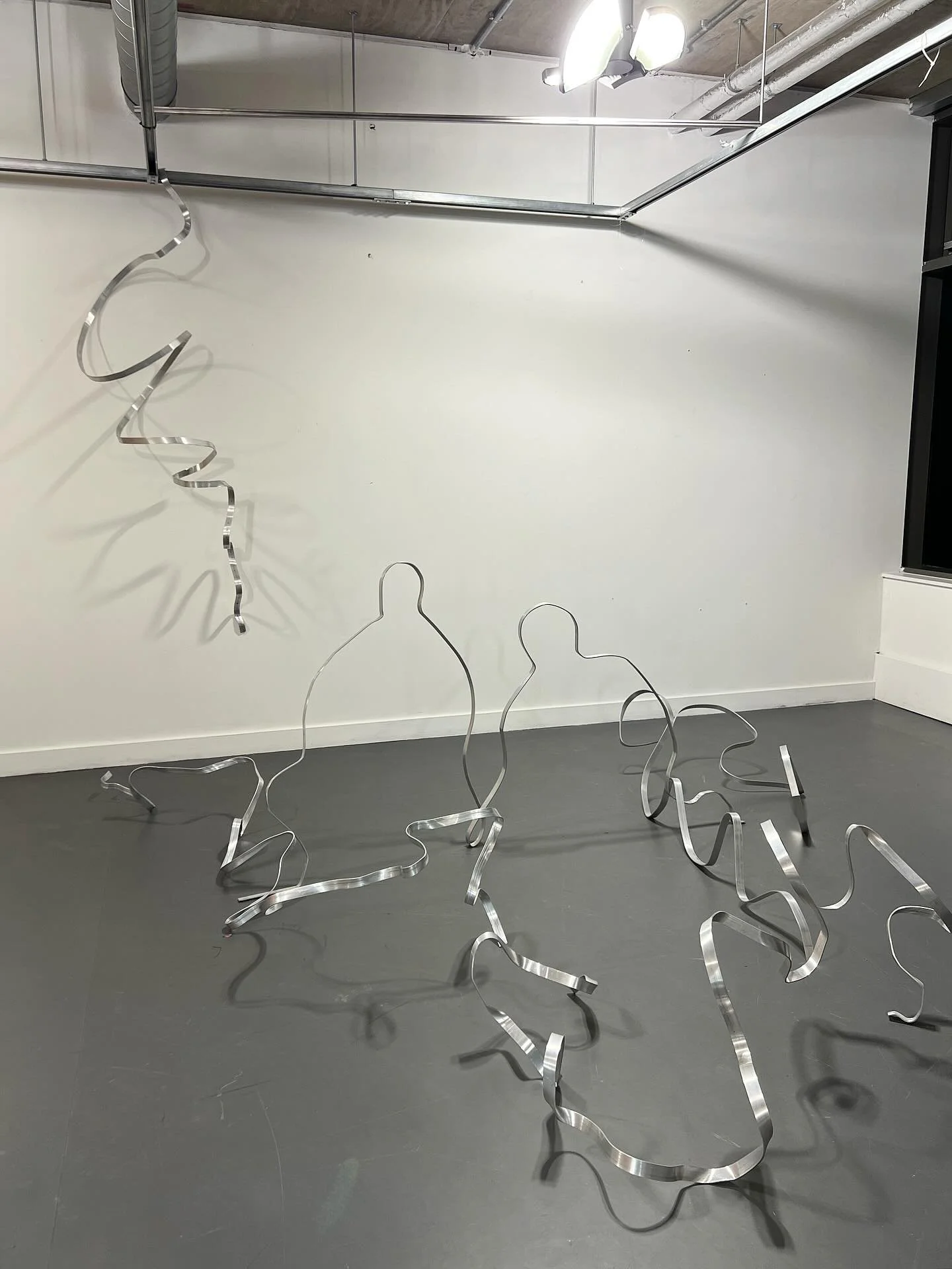 Echoing Lines 
Aluminium flat bar
Size: Variable
2025

&ldquo;Echoing Lines&rdquo; is a sculptural drawing made from bent aluminium flat bar, forming a flowing network of abstract lines and two hollow human silhouettes. The work explores presence thr