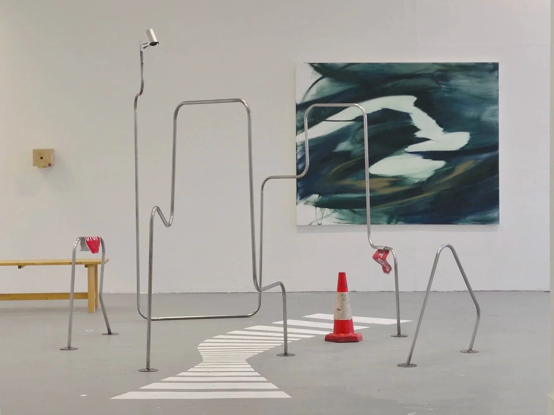STOP, Mild steel, stop signs, CCTV dummy, paint, street cone, dimensions variable (roughly 400 x 400 x 300cm), 2024