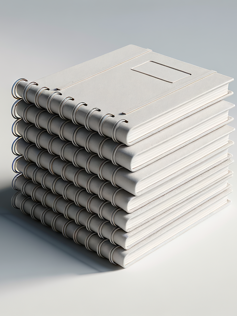 A stack of white spiral-bound notebooks on a light-colored surface.