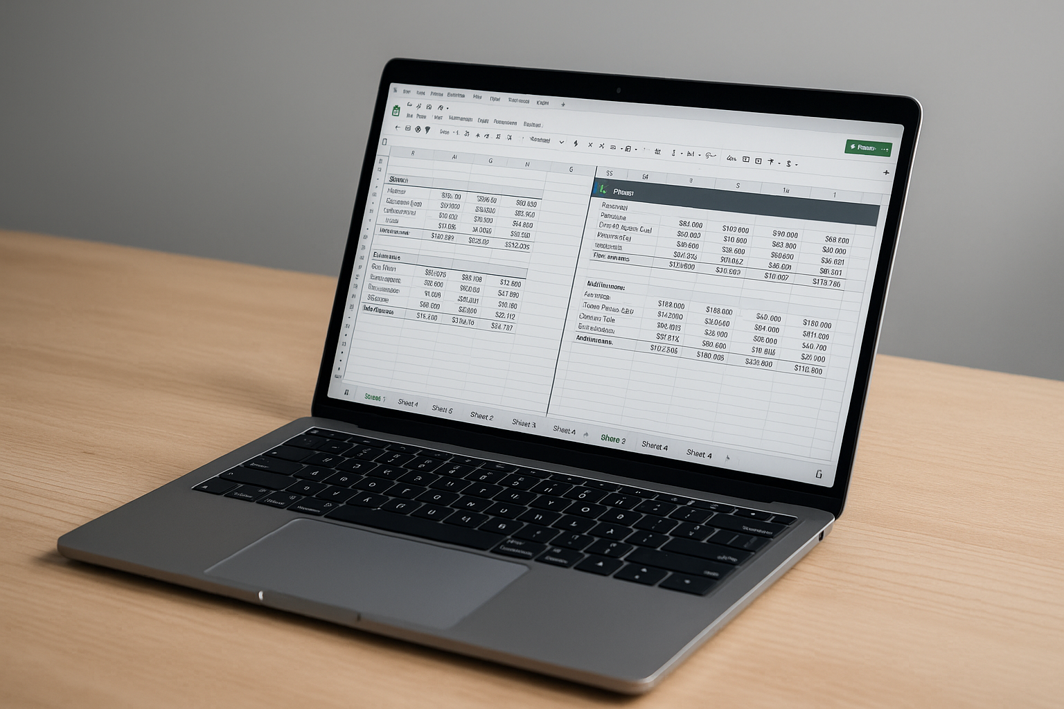Open laptop on wooden desk displaying a spreadsheet in a spreadsheet application.