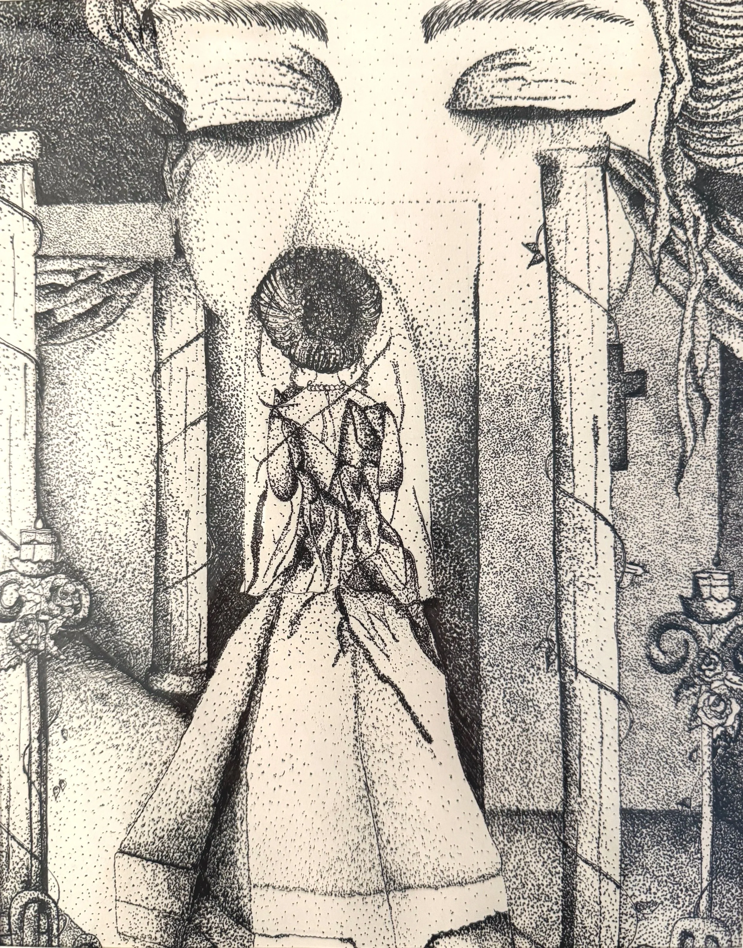 A detailed black and white drawing of a woman with closed eyes, standing in a room with a door. The woman is wearing a dress and a large, intricate hairdo. The room contains various decorative objects, including flowers and stairs.