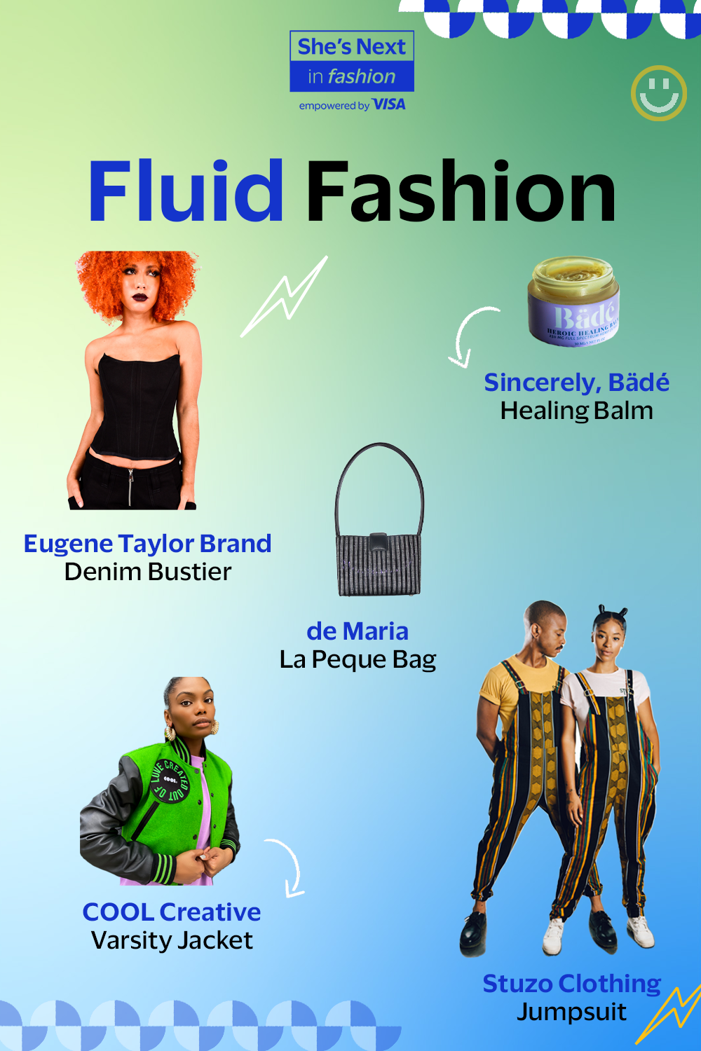 An advertisement for 'Fluid Fashion' featuring various fashion items and brands, including a model with curly red hair in a black bustier, a black and gray varsity jacket from COOL Creative, a striped handbag from de Maria, a container of Bǎdé Healing Balm, and two individuals wearing striped jumpsuits from Stuzo Clothing, with colorful graphics and a happy face icon.