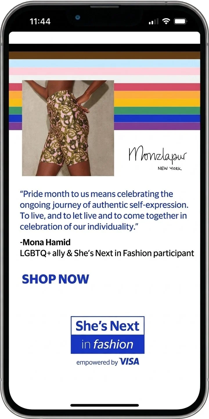 Smartphone screen displaying a fashion advertisement for a clothing brand called Monzlagur New York featuring a pair of shorts with a gold and pink pattern, along with LGBTQ+ pride rainbow stripes in the background and a quote about Pride month from Mona Hamid.