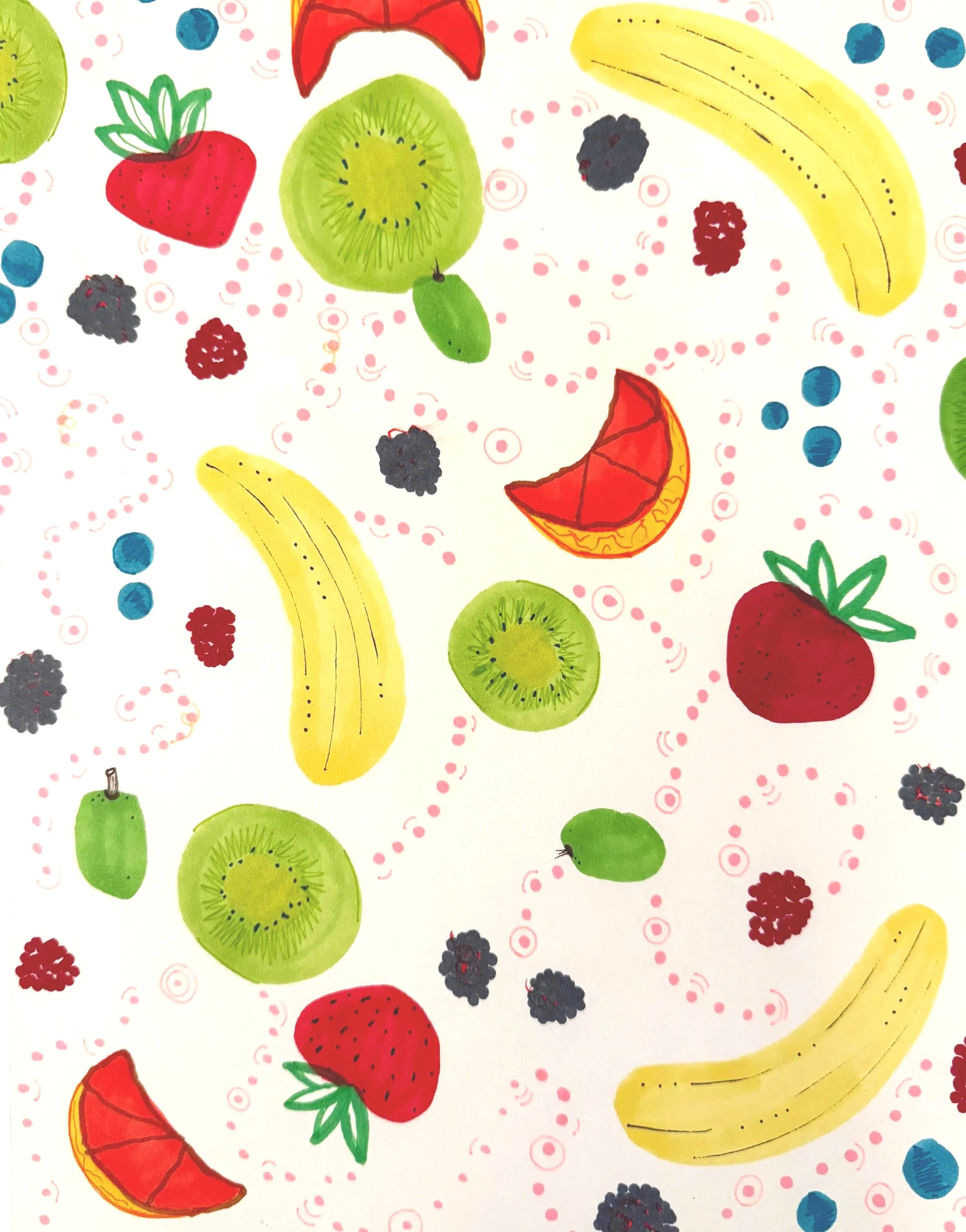 Pattern of colorful fruits including strawberries, kiwis, bananas, raspberries, blackberries, blueberries, a lime, and a citrus slice on a white background.