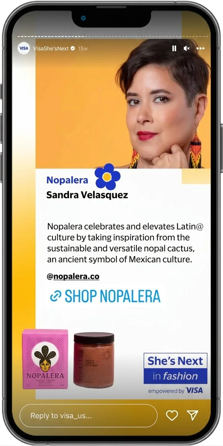 Advertisement featuring Sandra Velasquez promoting Nopaleras, a brand inspired by Mexican culture, with a pink box and brown jar of cactus seed flour products, and a section for shopping Nopaleras