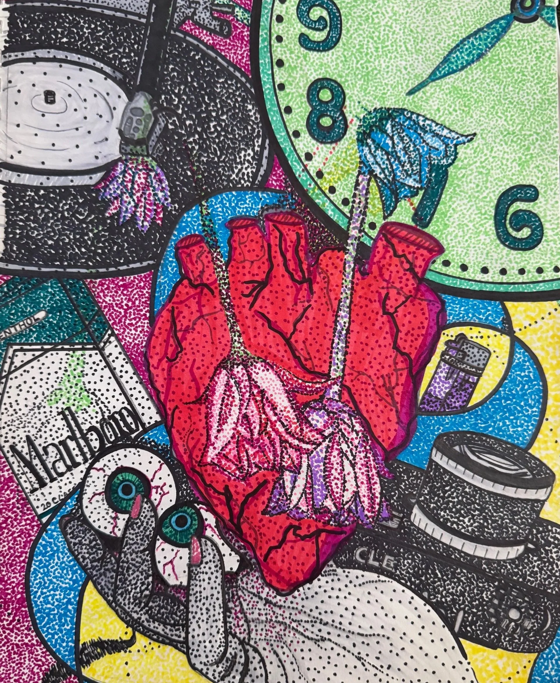 A colorful, stylized illustration combining elements of a heart, a clock, a cassette tape, a lighter, and a roll of film, with vibrant colors and exaggerated features.