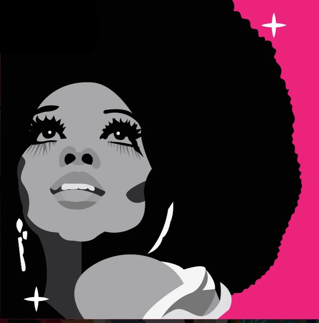 Stylized illustration of a woman with large afro hairstyle, dramatic eye makeup, and earrings, set against a pink background with white star accents.