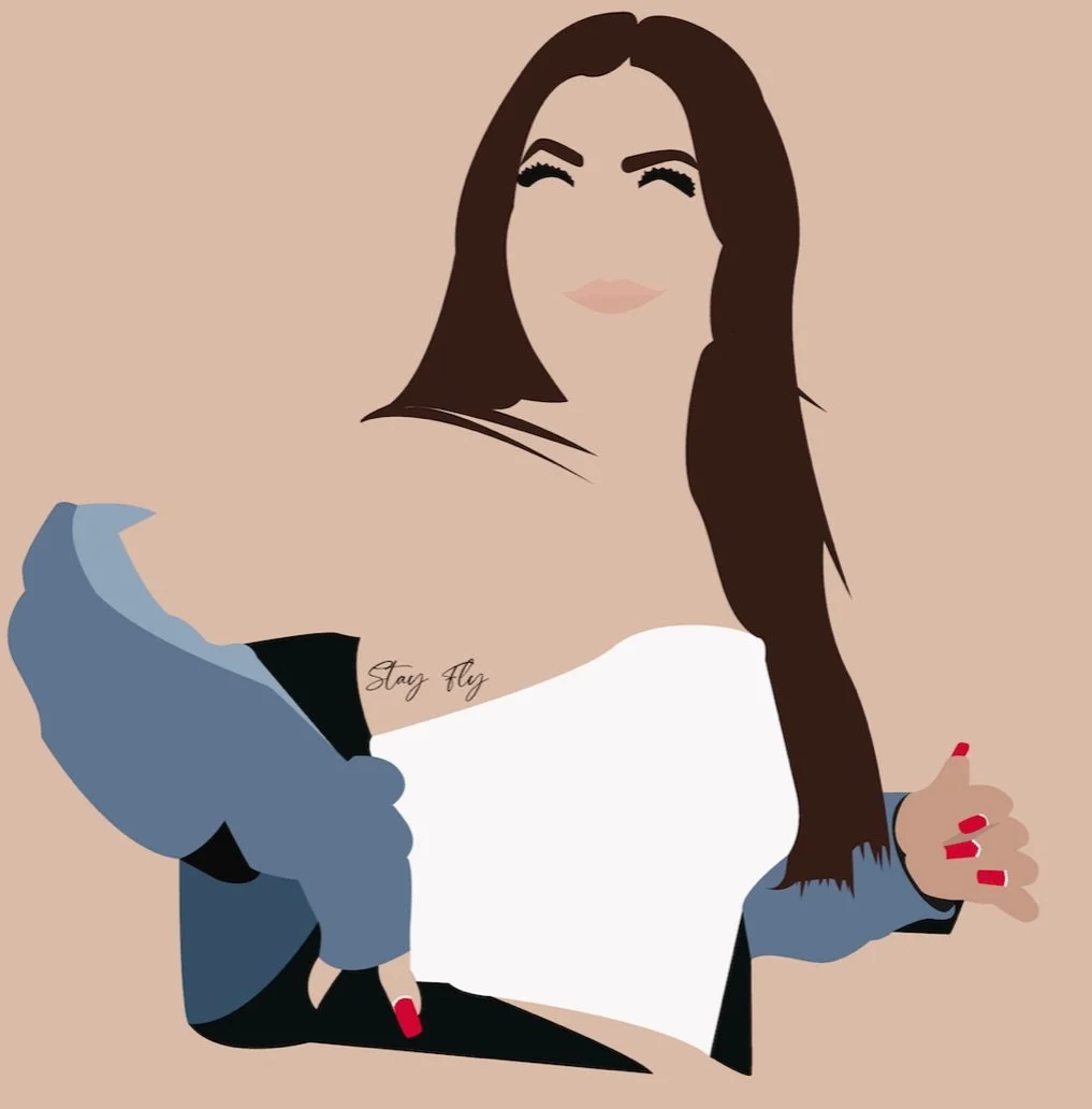 Digital illustration of a woman with long dark hair, smiling with her eyes closed. She is wearing makeup with red lipstick and has red nail polish. She is dressed in a white top with a blue and black jacket draped over her shoulders. There is a tattoo on her upper chest that reads 'Stay Fly'.