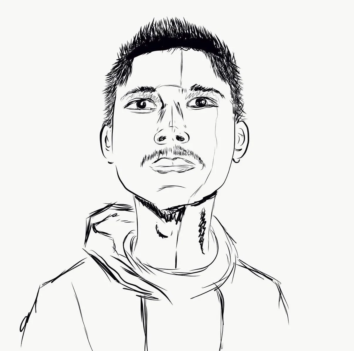 Black and white line drawing of a young man with short hair, slight mustache, and wearing a hoodie, facing forward.