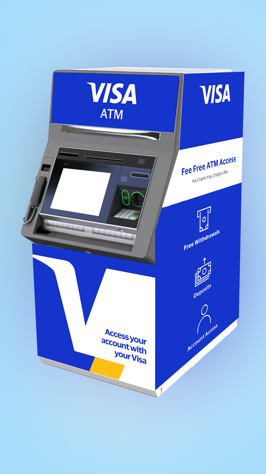 Blue and gray VISA ATM kiosk with card reader, screen, keypad, and cash dispenser.