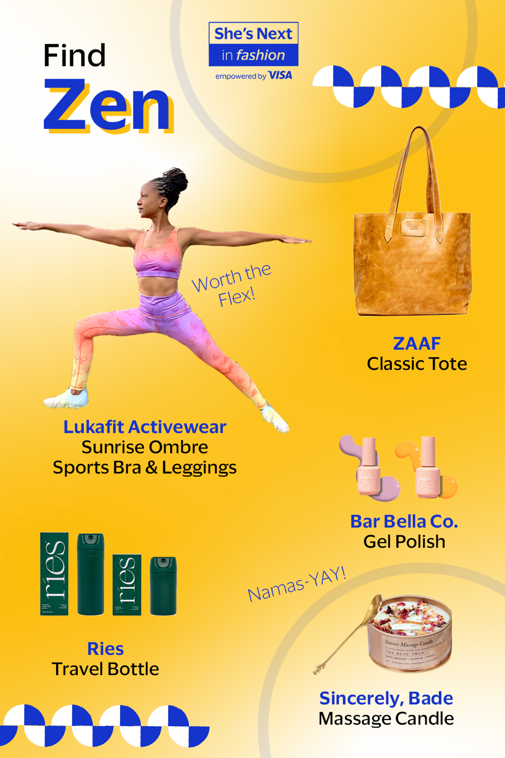 A woman in athletic wear performing yoga, surrounded by product advertisements including a tote bag, gel polish, a travel bottle, a massage candle, and text promoting finding Zen with a colorful background.