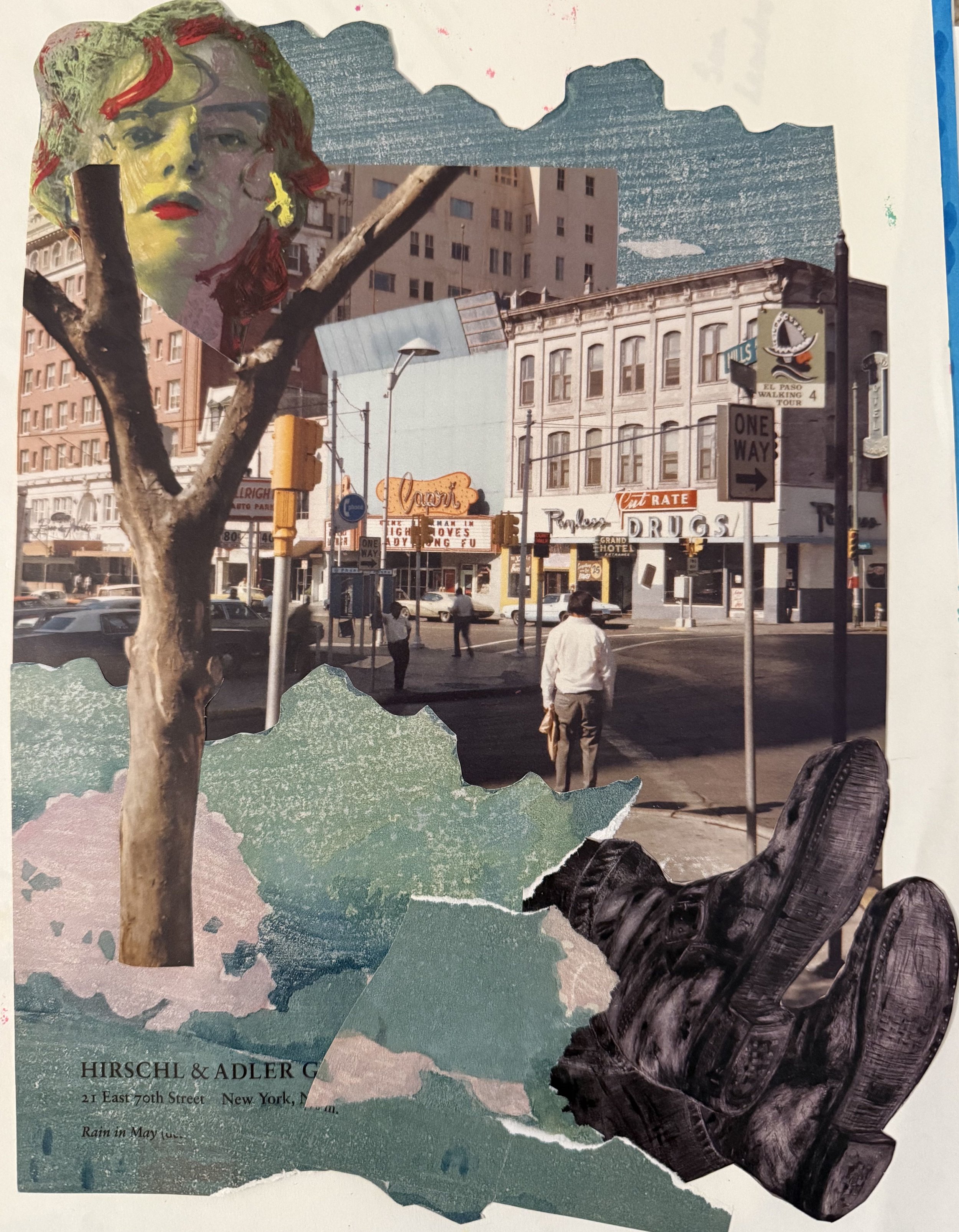 Collage of a city street scene with people, buildings, and street signs, overlaid with cutouts of a woman's face, a tree, torn paper textures, and a pair of black shoes.