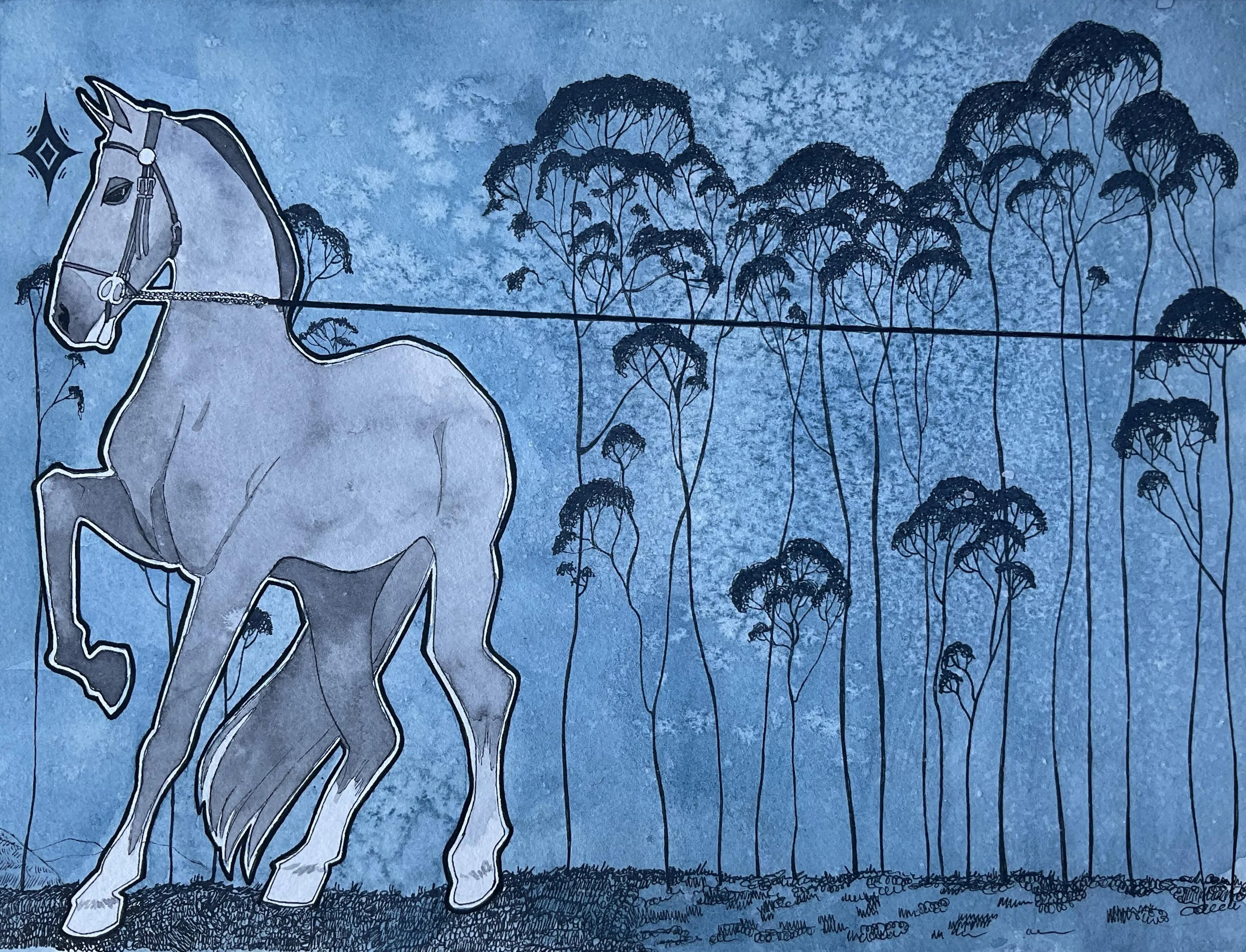 Heavy, 2025, Watercolor, pen, and salt on paper, 7.5 in. x 10 in.