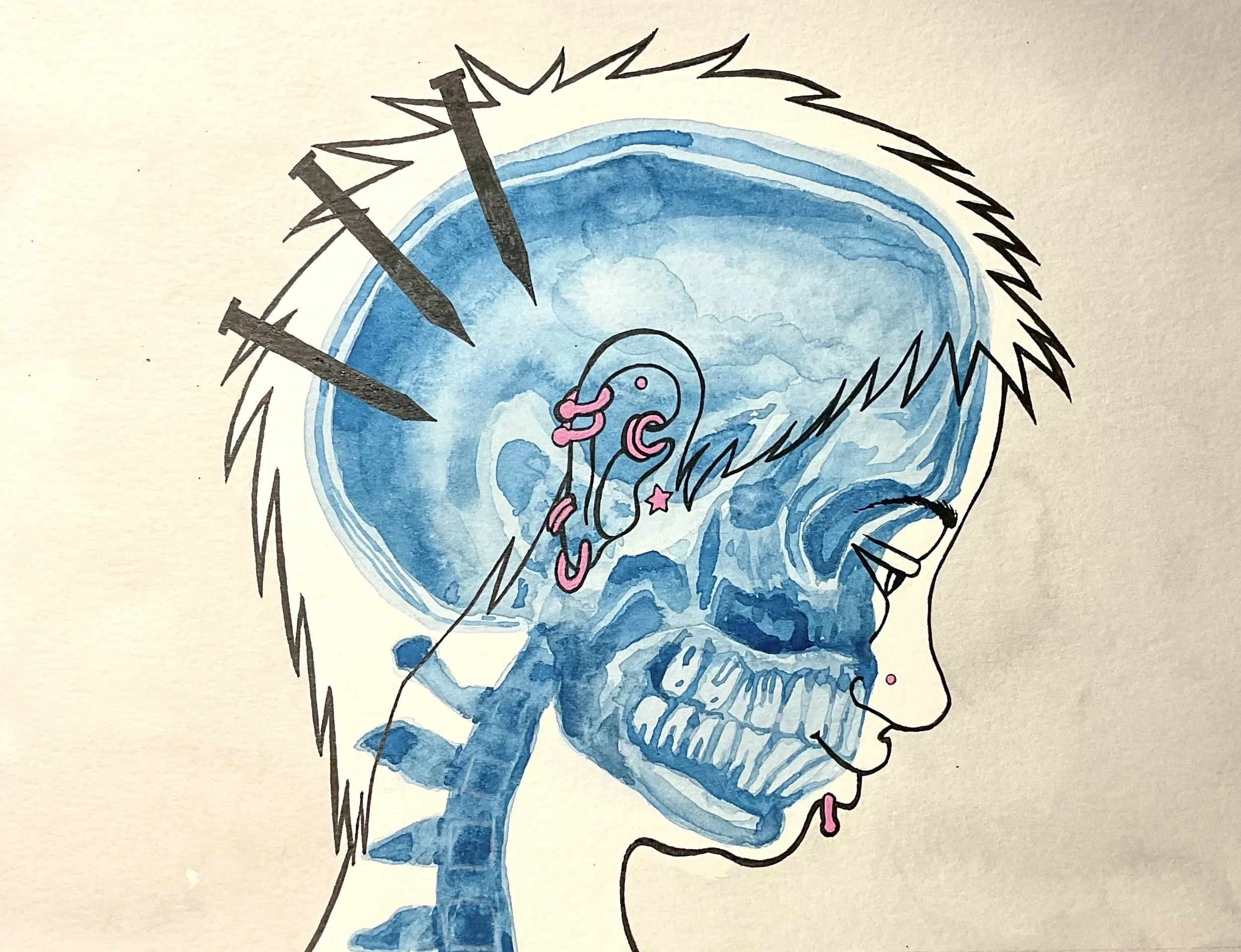 Pierce, 2025, Watercolor, gouache, and pen on paper, 7.5 in. x 10 in.