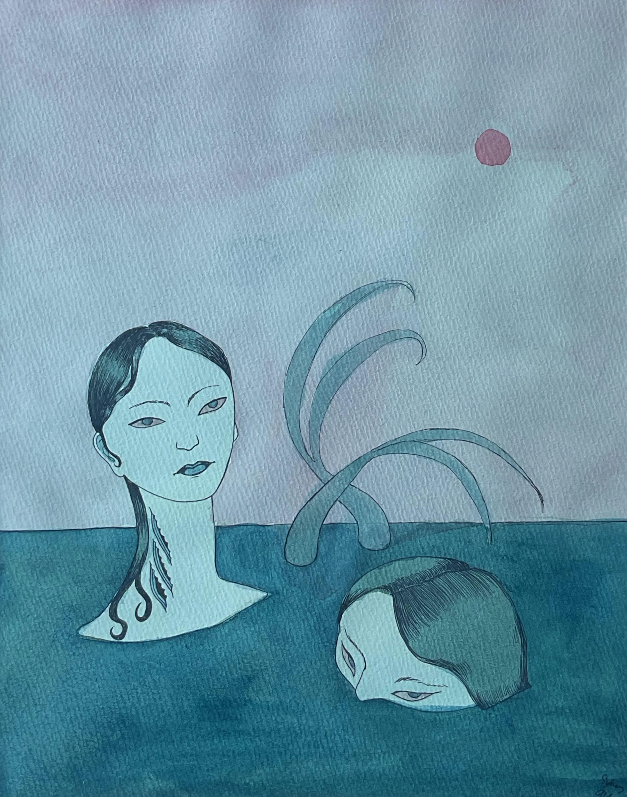 The Water's Fine, 2025, Watercolor and pen on paper, 10 in. x 7.5 in.