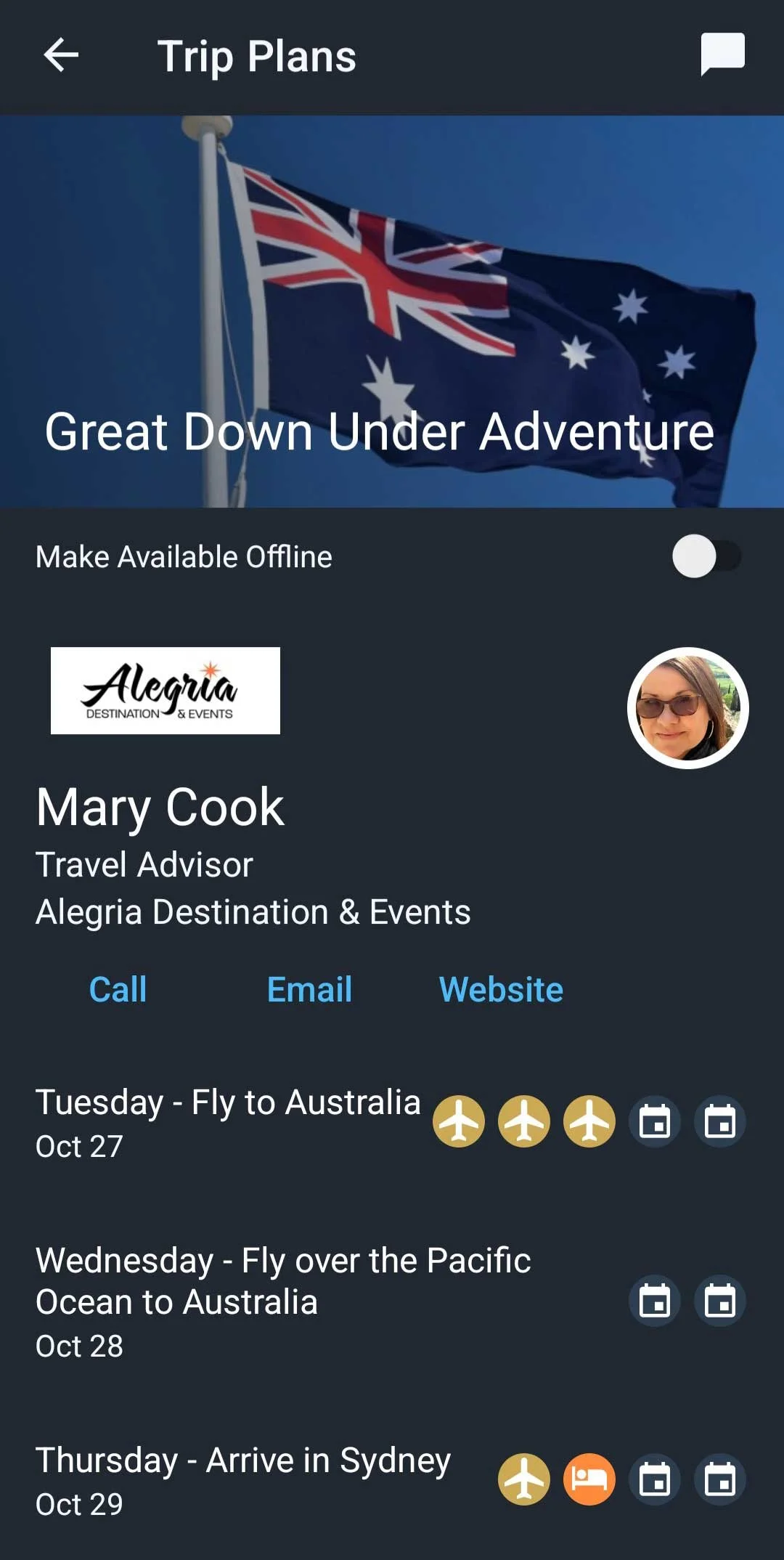Mobile trip planning app screen with a background image of the Australian flag, displaying a trip titled 'Great Down Under Adventure' with travel details for an Australian trip itinerary.
