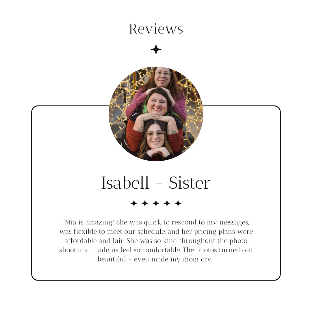 Review card with a photo of three women stacked in a pyramid pose, smiling, with string lights in the background. Text includes 'Reviews', 'Isabell - Sister', five-star rating, and a positive testimonial.