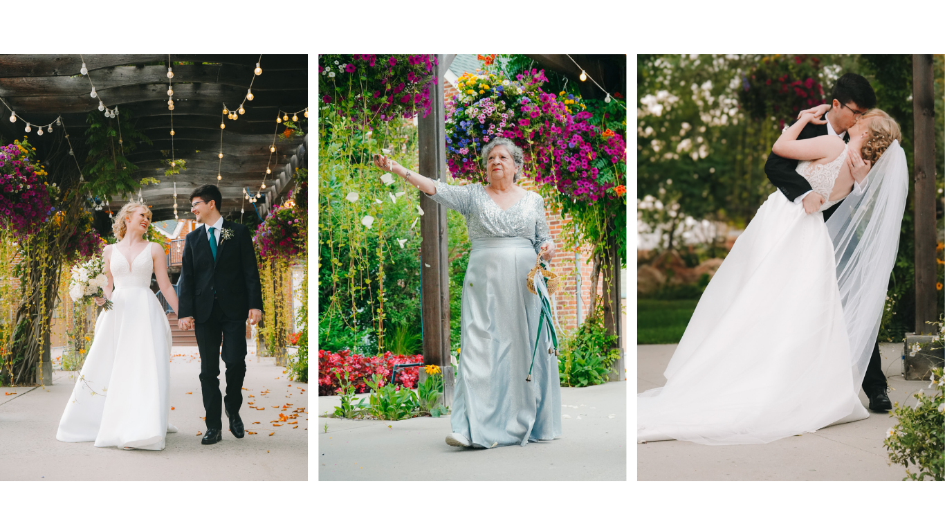 Three wedding scenes: left shows a bride and groom walking hand in hand under a decorated archway with string lights; middle features a woman in a silver dress releasing white flowers in a garden with colorful flowers and hanging lanterns; right captures a bride and groom embracing and kissing outdoors, with the bride in a white gown and veil, the groom in a black suit and glasses.