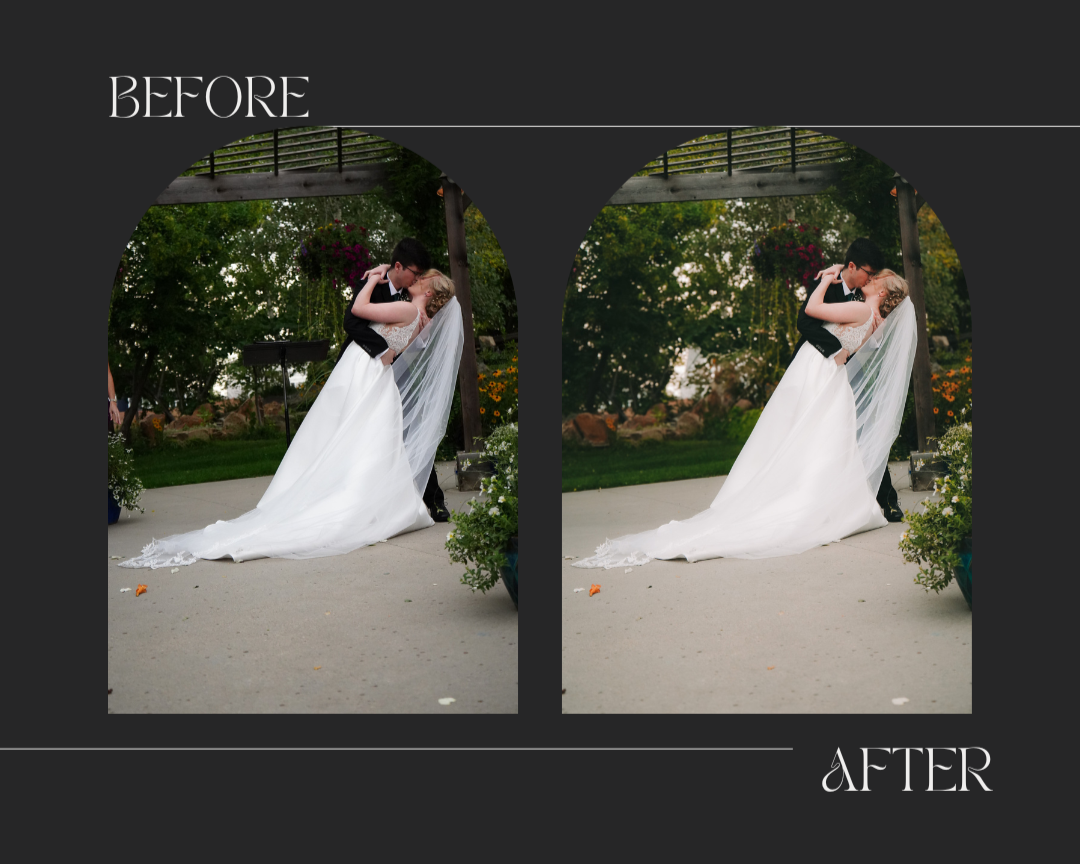 Side-by-side comparison of a wedding photo before and after editing. The bride and groom are kissing, with the groom in a black suit and the bride in a white wedding dress and veil, outdoors with trees and flowers.